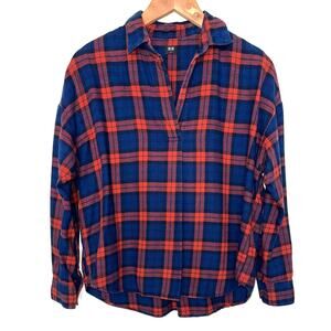 Uniqlo Plaid Flannel Navy Blue Red Orange Popover Shirt Size Small